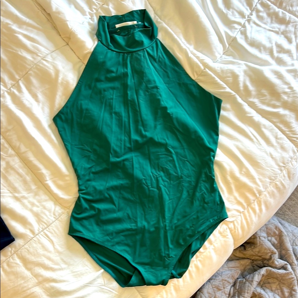 Heatherly Green Halter Bodysuit with Open Back - M